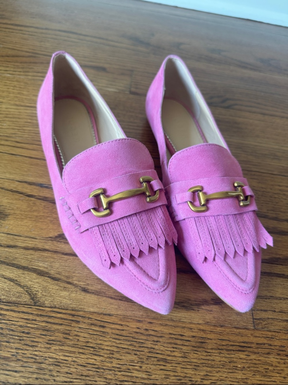 Boden Pink Suede Pointed Fringe Loafers with Gold Hardware